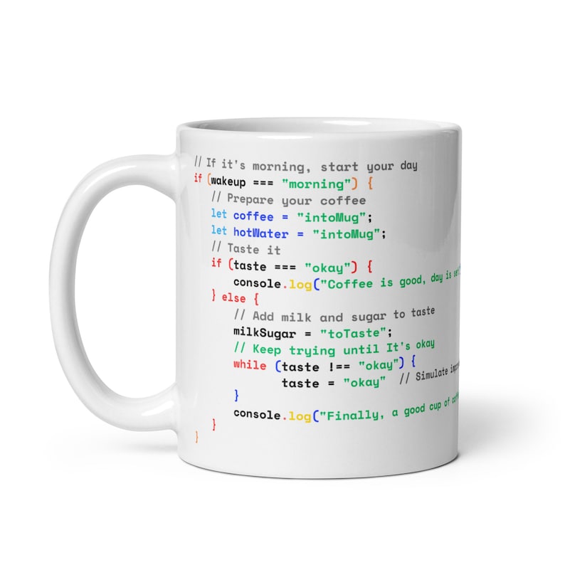 Java Script Coffee Preparing Code  - White glossy mug