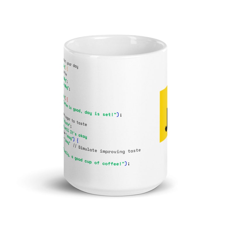 Java Script Coffee Preparing Code  - White glossy mug