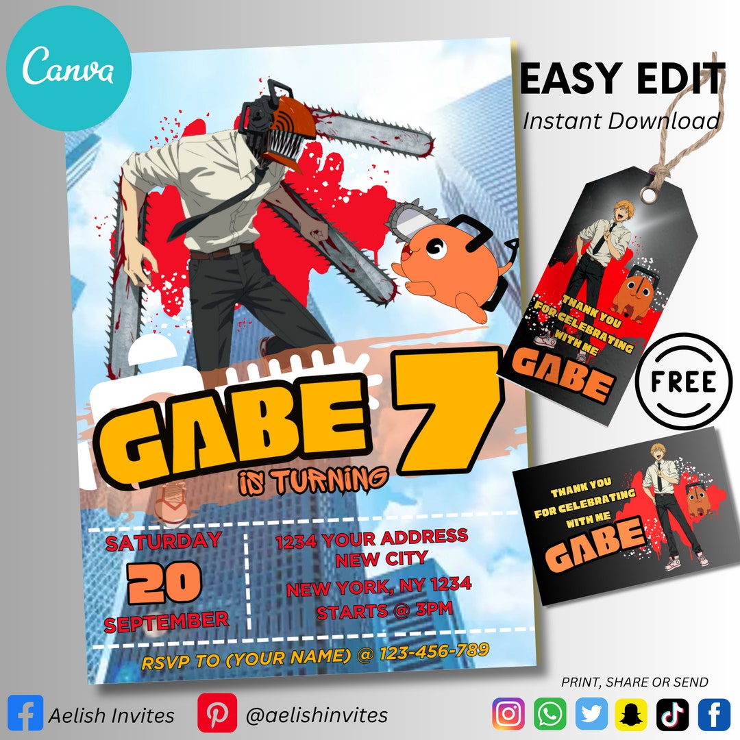Chainsaw Man Editable Birthday Invitation Chainsaw Man Etsy