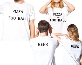 May include: Four white t-shirts with black text. Two shirts say "Pizza + Football" and two shirts say "Beer".