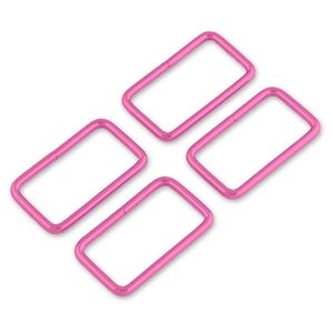May include: Four pink metal rectangular rings, each with a smooth, shiny finish. These rings are ideal for crafting projects, jewelry making, or adding a decorative touch to bags or clothing.