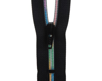 May include: Black zipper with a rainbow colored tape. The zipper is open and the slider is in the middle.