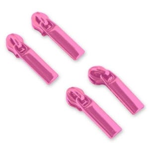 May include: Four pink zipper pulls. The zipper pulls are made of plastic and have a shiny finish.