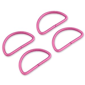 May include: Four pink D-rings arranged on a white background. Each D-ring is a half-circle shape with a straight bar connecting the ends. The rings are a solid, vibrant pink color.