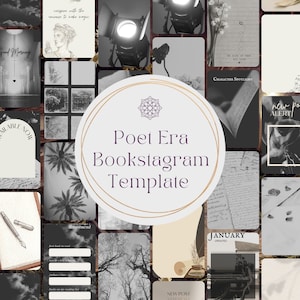 Puede incluir: Un collage de imágenes para una plantilla de bookstagram. Las imágenes son en blanco y negro y presentan una variedad de temas, incluyendo libros, flores e instrumentos de escritura. El texto "Poet Era Bookstagram Template" está en el centro del collage.