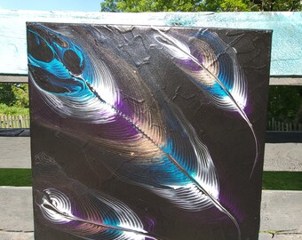 Pintura acrílica abstracta de plumas: decoración metálica para el hogar, 30,5 x 30,5 cm