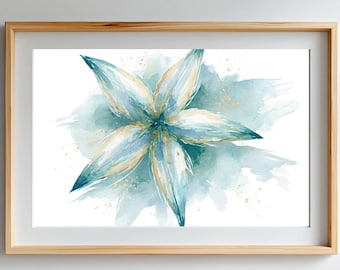 Blaue Aquarell Blume Wand Kunst digitaler Download, Blumen botanische, Seesterne, Küsten Enkelin Druck, minimalistischen Vintage Küstendruck
