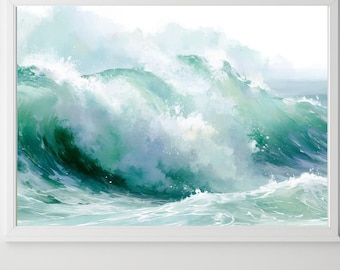 Ocean Wave Wand Kunst Druck Digitaler Download Küstenlandschaft Strand Wohnkultur Nautische Malerei Blau Grün Küsten Enkelin Druck