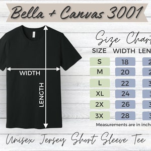 May include: A black unisex short sleeve t-shirt with a size chart showing measurements in inches. The chart shows the width and length of the shirt in sizes S, M, L, XL, 2X, and 3X.