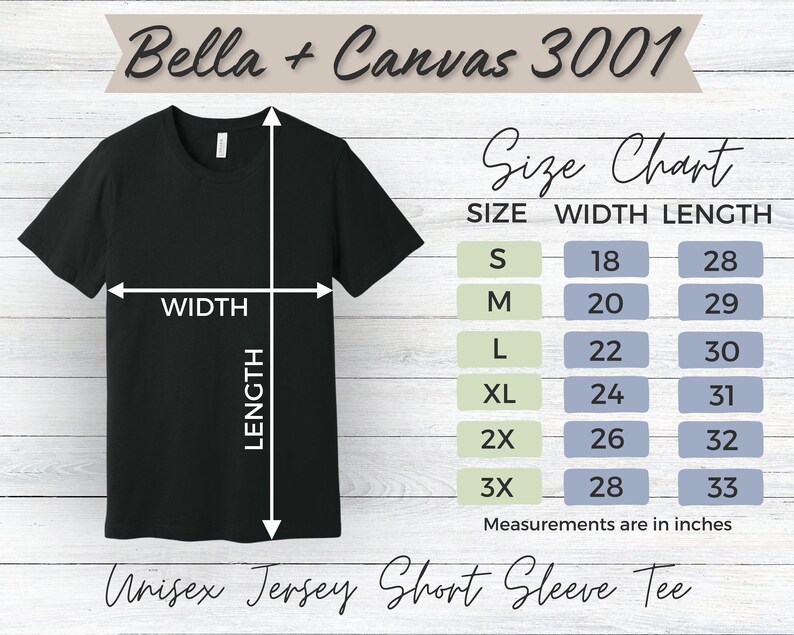 May include: A black unisex short sleeve t-shirt with a size chart showing measurements in inches. The chart shows the width and length of the shirt in sizes S, M, L, XL, 2X, and 3X.