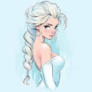 May include: Illustration of a woman with long, flowing, light blonde hair styled in a braid. She wears a light blue off-the-shoulder dress. The background is a light blue wash.