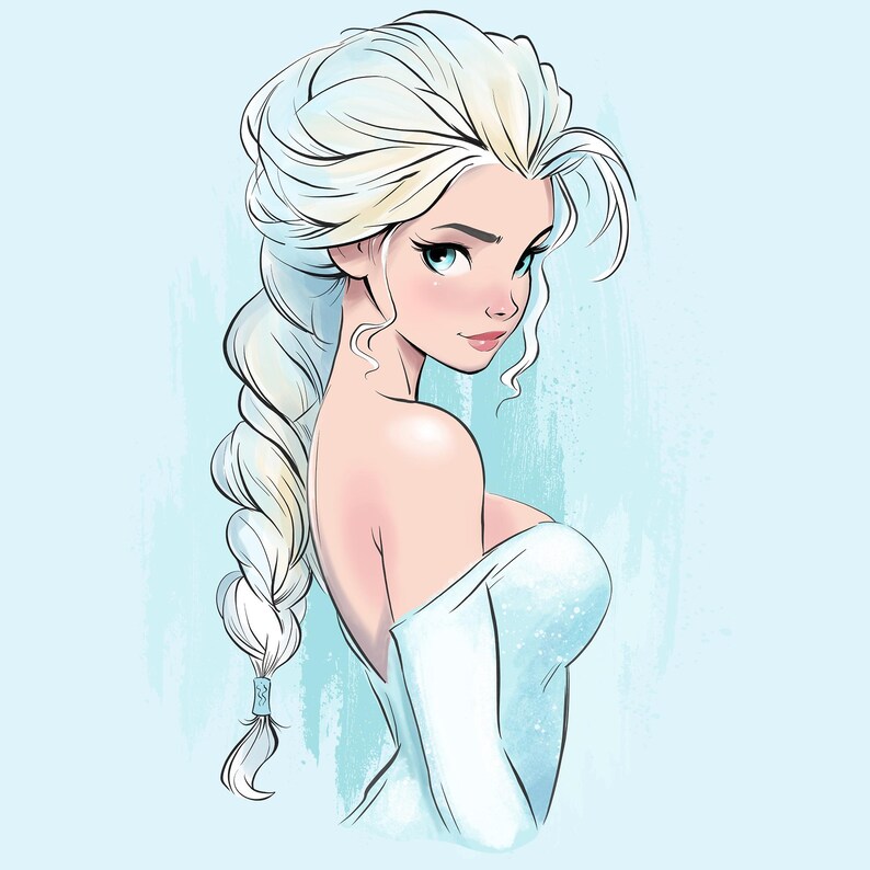 May include: Illustration of a woman with long, flowing, light blonde hair styled in a braid. She wears a light blue off-the-shoulder dress. The background is a light blue wash.