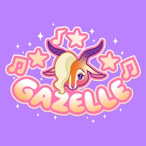 May include: A cartoon illustration of a gazelle with a blonde ponytail, purple eyes, and orange and white fur. The word "GAZELLE" is in a bubble font, surrounded by musical notes and stars, all on a purple background.