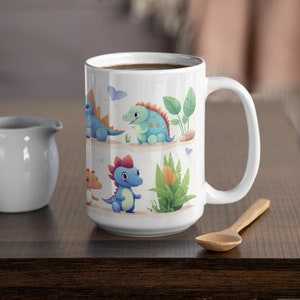 Mug with Cute Dinosaurs, Mug Gift, Dinosaurs, Coffee Mug, Tea Mug, Chocolate Mug, Dinosaurs with leaves, Dinosaur Lover, Ceramic Mug 15oz