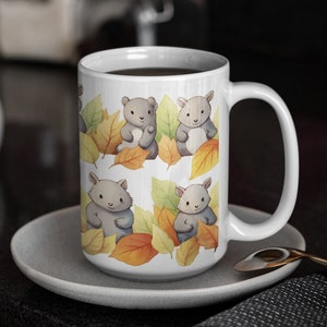 Mug with Wombats, Mug Gift, Wombats, Coffee Mug, Tea Mug, Chocolate Mug, Wombats with leaves, Wombat Lover, Ceramic Mug 15oz