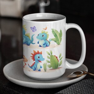 Mug with Cute Dinosaurs, Mug Gift, Dinosaurs, Coffee Mug, Tea Mug, Chocolate Mug, Dinosaurs with leaves, Dinosaur Lover, Ceramic Mug 15oz