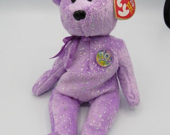 NEW w/ Tags Decade the Bear Purple Version Ty Beanie Baby 10 Years Anniversary