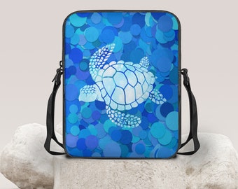 Turtle Crossbody Bag, Turtle on Blue Shoulder Bag
