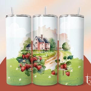Watercolor Strawberry Farm Tumbler Sublimation Design (Digital Download)