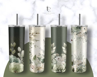 Sage Green Floral Tumbler Wrap: Seamless Skinny Tumbler Design (Digital Download)