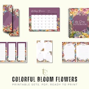 Papelería imprimible con motivos florales, flores de colores, notas digitales, cartas y diario.