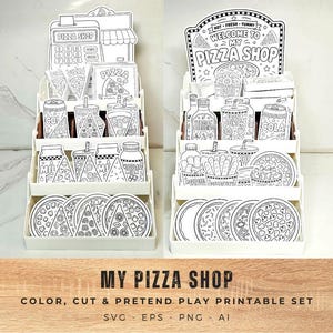 May include: A white tiered display stand holding black and white line art paper cutouts of pizza shop items, including pizza slices, drinks, and a sign reading Welcome to My Pizza Shop. The set is labeled My Pizza Shop Color, Cut & Pretend Play Printable Set.