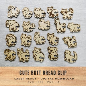 May include: A collection of laser-cut wooden animal-shaped bread clips. The clips feature various animals, including a panda, raccoon, and koala. The text "CUTE BUTT BREAD CLIP" is displayed at the bottom, along with "LASER READY - DIGITAL DOWNLOAD".