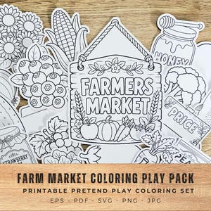 May include: A collection of black and white line art illustrations for coloring, featuring a central sign that reads FARMERS MARKET, surrounded by various produce items including sunflowers, corn, berries, honey, an apple, broccoli, and fish.