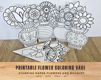 Printable Flower Coloring Vase, Standing Paper Bouquet Craft, Kids DIY Coloring Activity, Classroom Decor, Mother’s Day Gift