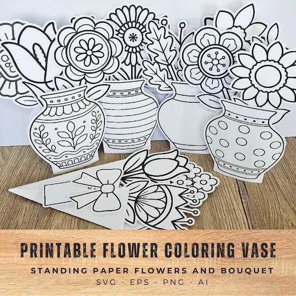 Printable Flower Coloring Vase, Standing Paper Bouquet Craft, Kids DIY Coloring Activity, Classroom Decor, Mother’s Day Gift