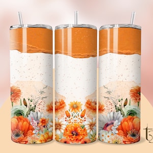 Pomarańczowy kwiatowy 20 oz. Wąski kubek z nadrukiem sublimacyjnym, prosty i zwężany, owijka na kubek, grafika sublimacyjna