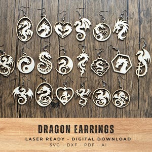May include: A collection of wooden dragon earrings in various shapes, including teardrops, hearts, and circles. The earrings are laser-cut with intricate dragon designs. The text "DRAGON EARRINGS" is displayed at the bottom.