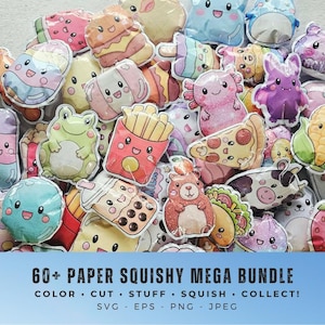 Könnte beinhalten: Eine Sammlung bunter Papier-Squishy-Bastelarbeiten mit verschiedenen Zeichentrickfiguren, Lebensmitteln und Tieren mit lächelnden Gesichtern. Der Text unten lautet 60+ PAPER SQUISHY MEGA BUNDLE COLOR CUT STUFF SQUISH COLLECT! SVG EPS PNG JPEG.