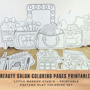 Puede incluir: Una colección de ilustraciones de arte lineal en blanco y negro con artículos de salón de belleza, incluyendo un espejo de maquillaje, neceseres con brochas, pintalabios, crema facial y letreros con el texto Welcome y Beauty Studio Rules.