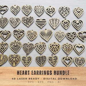 May include: A collection of laser-cut wooden heart earrings in various decorative designs. Some hearts feature the word "love". The image includes the text "HEART EARRINGS BUNDLE" and "40 LASER READY - DIGITAL DOWNLOAD".