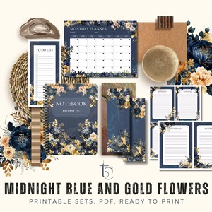 Printable Stationary Best Sellers, Blue Gold Flower Printable Lined Stationary, Botanical Journal Paper, Elegant Note Card, Modern Letter
