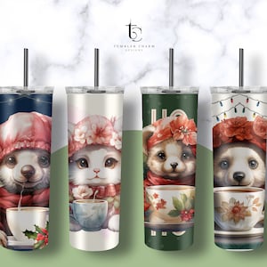 Christmas Animal Teacup Tumbler Wrap: Floral Sublimation Design (Digital Download)