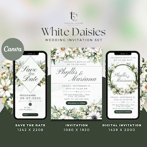 White Daisies Wedding Invitation Set, Elegant Digital Invite, DIY Floral Design, Customizable Template