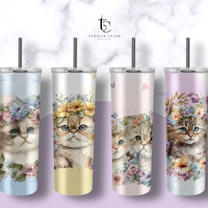 4 Designs Cute Cat 20 Oz skinny tumbler, Cat Watercolor Digital Wrap, tapered straight template digital download sublimation graphics