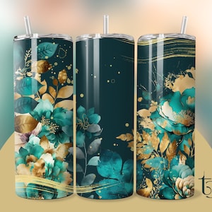 Teal and Gold Flowers Tumbler Wrap: 20 Oz Skinny Template (Digital Download)