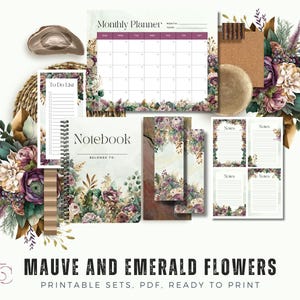 Flores lilás e esmeralda - Design de papelaria, papelaria floral para download, bloco de notas personalizado, papel A4 para diário e planejamento