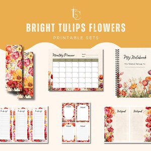 Papelería imprimible con tulipanes brillantes, papelería floral con tulipanes brillantes, juego de cartas con estampados florales, papel para diario.