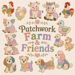 Patchwork Farm Animal Embroidery Bundle, Floral Cow Pig Chicken Duck and Dog Applique Designs, Cute Machine Embroidery, Instant Download