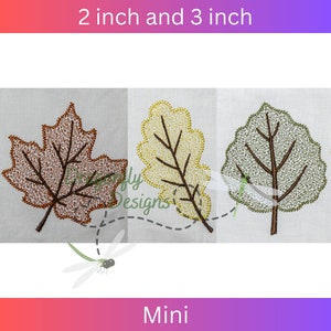 May include: Three embroidered autumn leaves in brown, yellow, and green, each with a detailed vein pattern. The leaves are 2 inches and 3 inches in size. The text "Mini" is at the bottom of the image.