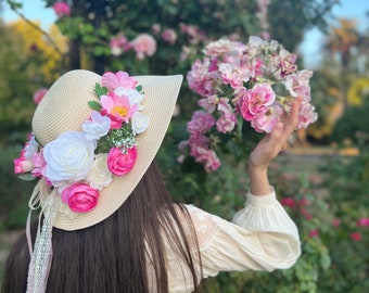 Barbiecore Pink Floral Hat | Statement Summer Wide Brim - Etsy display picture 1