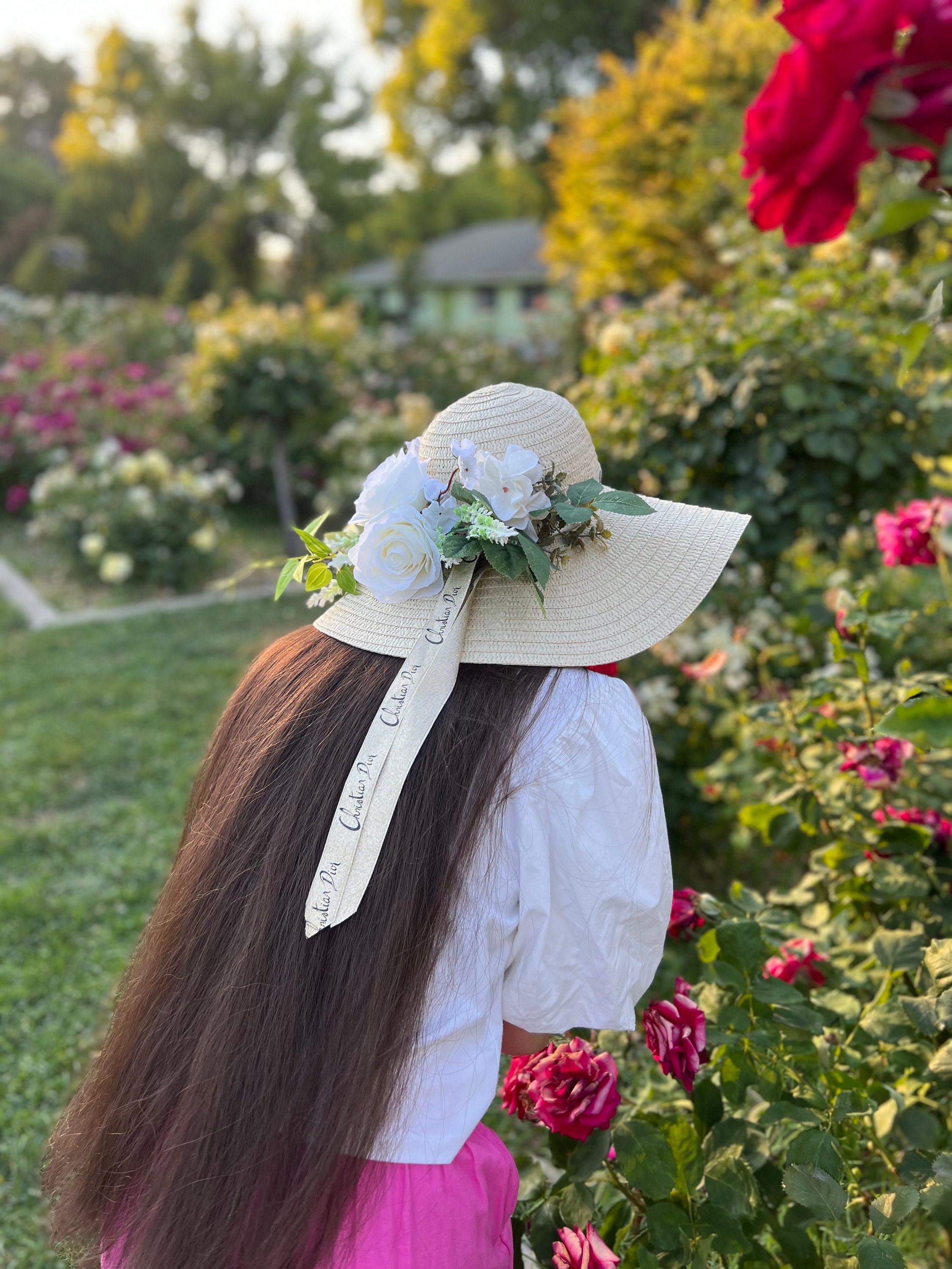 Vintage 70s Straw Sun Hat Blush Rose Floral Garden Party Cottagecore Handmade Floral Sun Hat | Wide Brim, Cottagecore Garden  main image 4