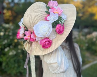 Barbiecore Pink Floral Hat | Statement Summer Wide Brim - Etsy display picture 2