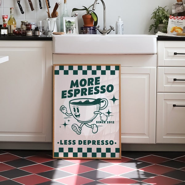 Mehr Espresso weniger Depresso grün druckbares Poster, Funky Küche Druck, Cafe Kaffee Druck, Espresso Druck, Retro Kaffee Maskottchen zum ausdrucken