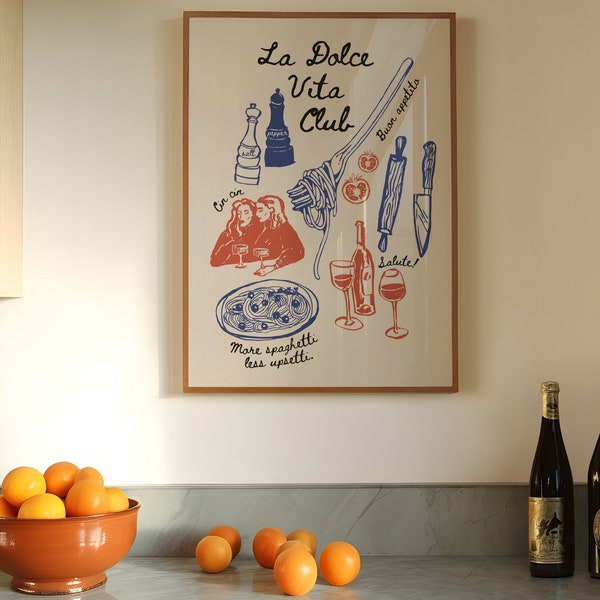 Essen & Trinken Druck, Pasta und Wein Poster, La Dolce Vita Club Poster, italienische Küche druckbar, Alkohol Italien Druck, Digitaler Essensdruck