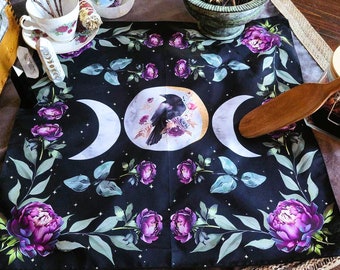 Alter/Tea Cloth: Raven Moonphase, Purple and Black, Raven, Floral Tea Cloth, Tarot Spread Cloth, Alter Cloth